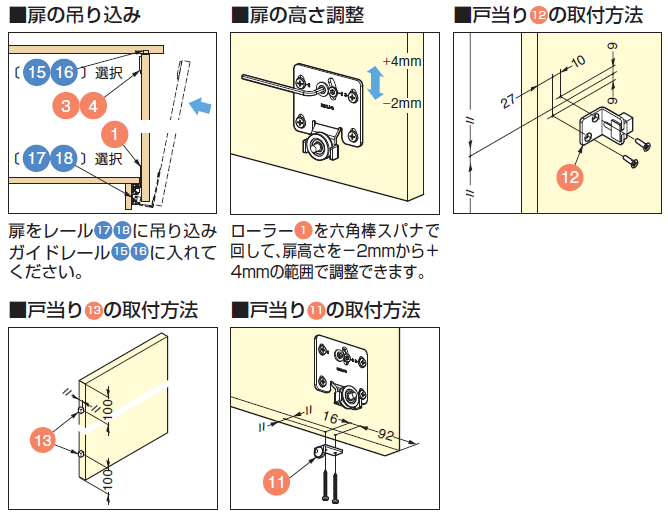 扉の吊り込み,扉の高さ調整,戸当り12の取付方法,ローラー1 を六角棒スパナで<br />
回して、扉高さを－2mmから＋4mmの範囲で調整できます。