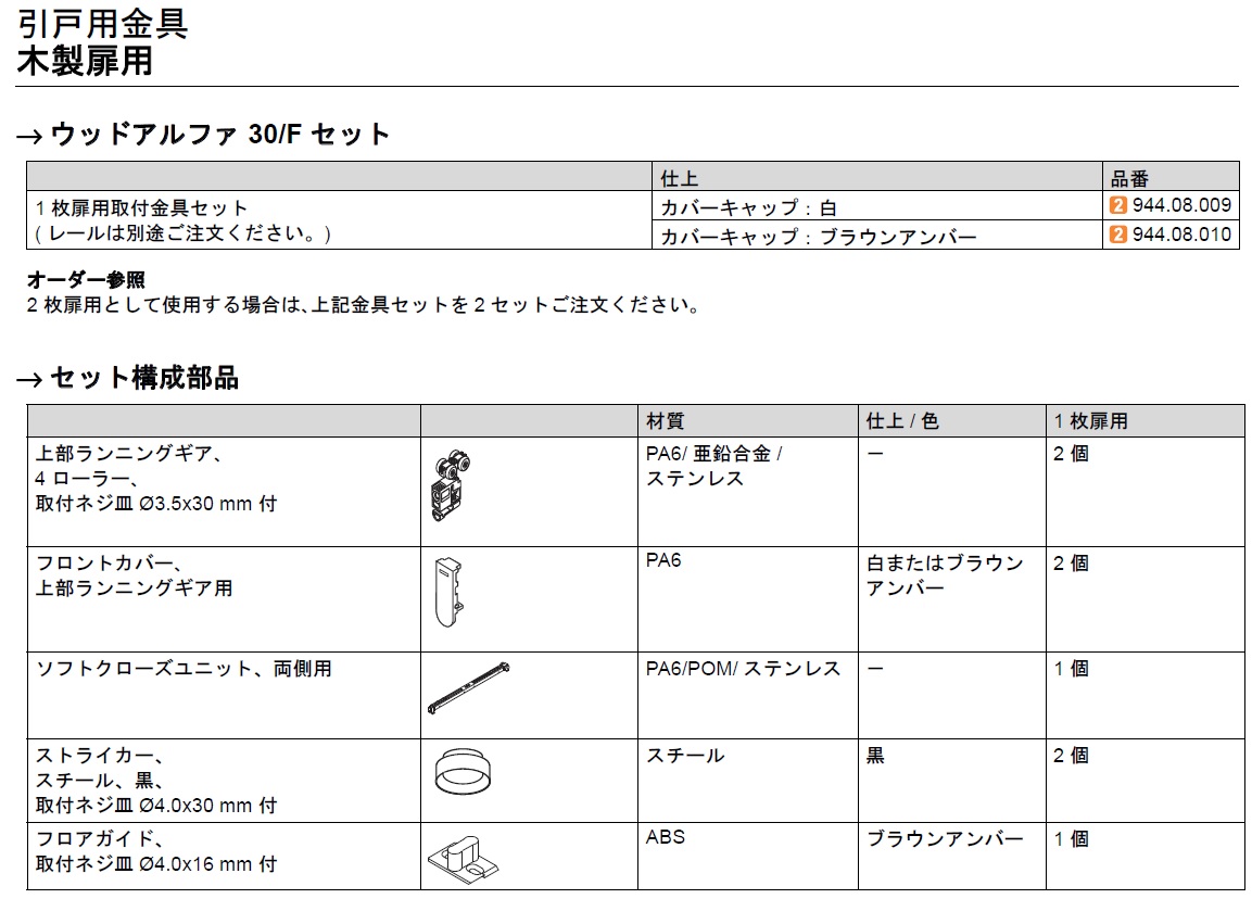 引戸用金具30/F,木製引戸用金具,ウッドアルファ 30/F,上部レール付セット,