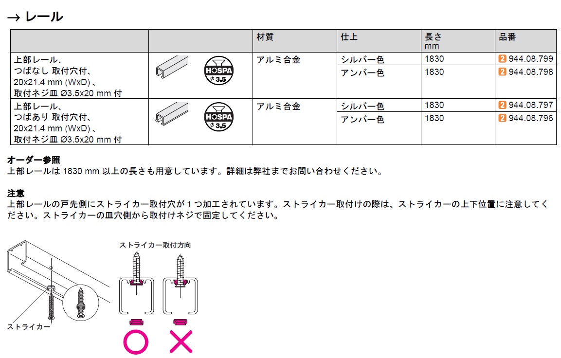 引戸用金具30/F,木製引戸用金具,ウッドアルファ 30/F,上部レール付セット,