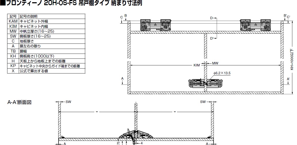 フロンティーノ 20H-OS-FS 吊戸棚タイプ 納まり寸法例