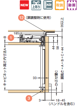 小型フラット扉システム BSスライダーSタイプ,吊戸棚タイプ キャビネット高さ内寸法