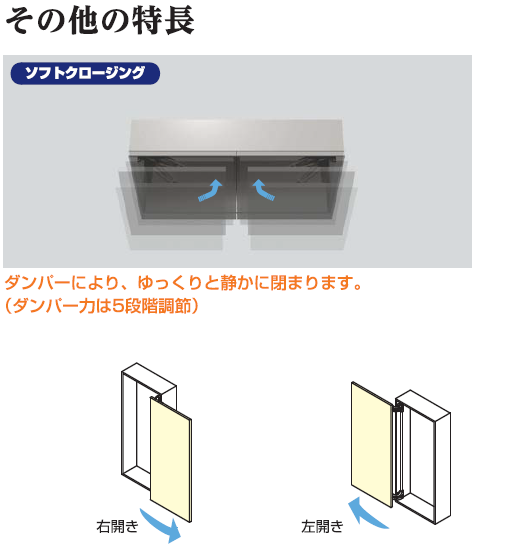 その他の特長,ダンパーによりゆっくりと静かに閉まります,ダンパー力は５段階調整,ソフトクロージング