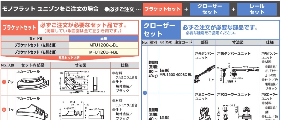 モノフラット ユニゾン ネオをご注文の場合,部品セット,必ずご注文が必要なセット品