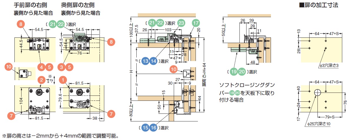 手前扉の右側裏側から見た場合,奥側扉の左側裏側から見た場合,扉の加工寸法,ソフトクロージングダンパー19 20 を天板下に取り付ける場合