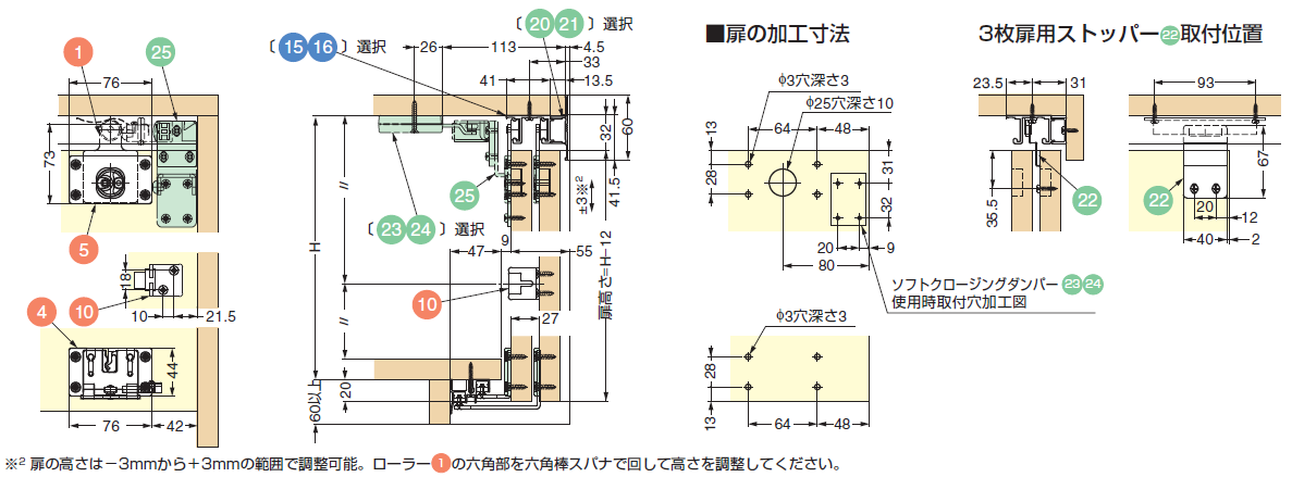 扉の加工寸法,3枚扉用ストッパー22取付位置