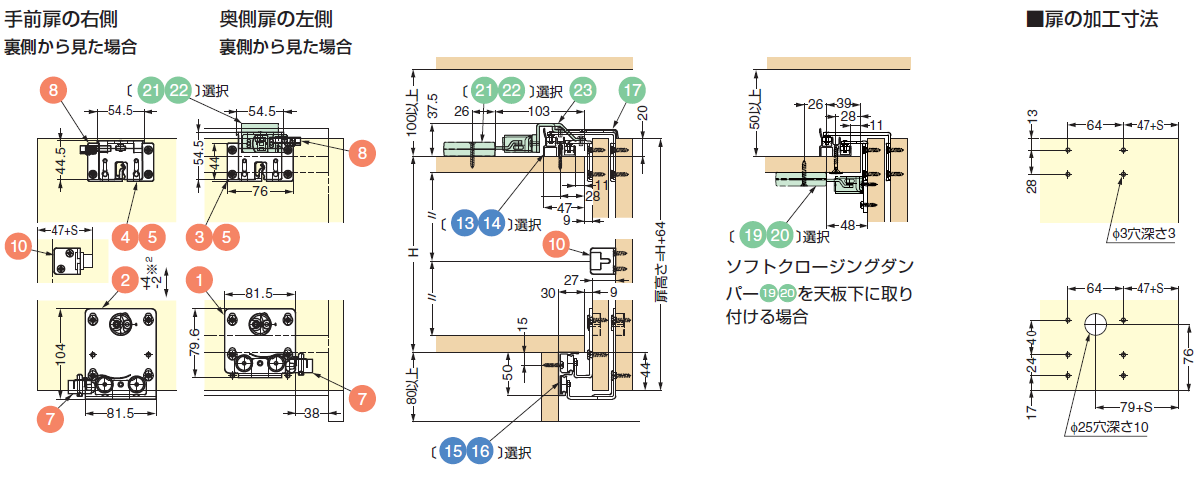 手前扉の右側裏側から見た場合,奥側扉の左側裏側から見た場合,扉の加工寸法,ソフトクロージングダンパー19 20 を天板下に取り付ける場合