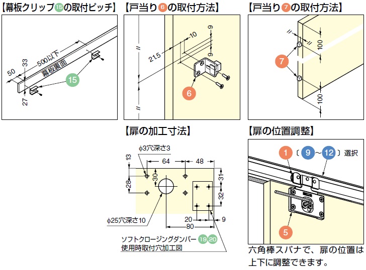 幕板クリップ15 の取付ピッチ,戸当り6 の取付方法