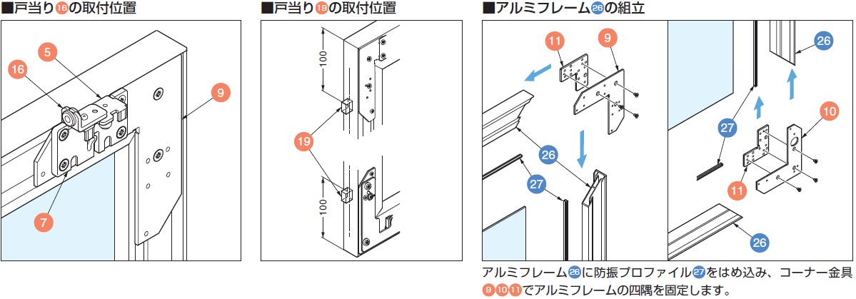 戸当り16の取付位置,アルミフレーム26の組立,防振プロファイル27 をはめ込み,コーナー金具9 10 11 でアルミフレームの四隅を固定します。