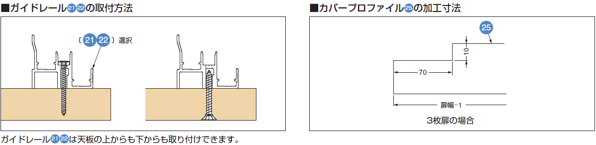 ガイドレール21 22の取付方法,カバープロファイル25の加工寸法