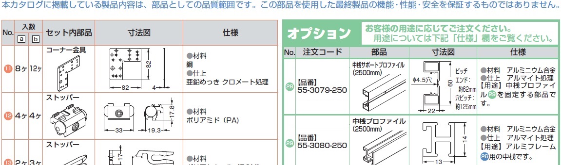 コーナー金具,中桟プロファイル,中桟固定金具,ストッパー