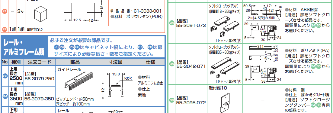 レールエンド,戸当り,ソフトクロージングダンパー