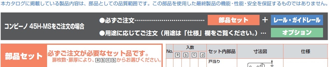 ドアレール金物,コンビーノ45H-MSをご注文の場合,部品セット