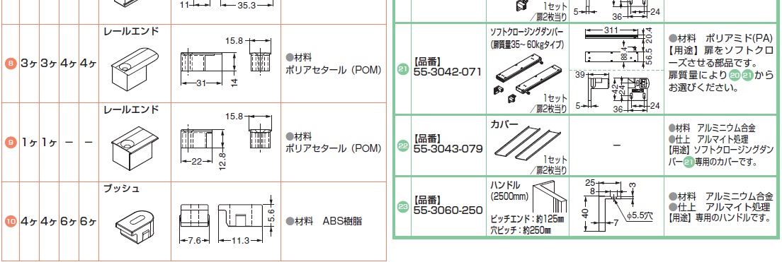 レールエンド,戸当り,ソフトクロージングダンパー