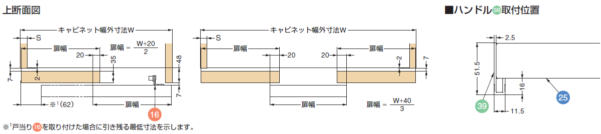 上断面図,ハンドル39の取付位置,キャビネット幅外寸法