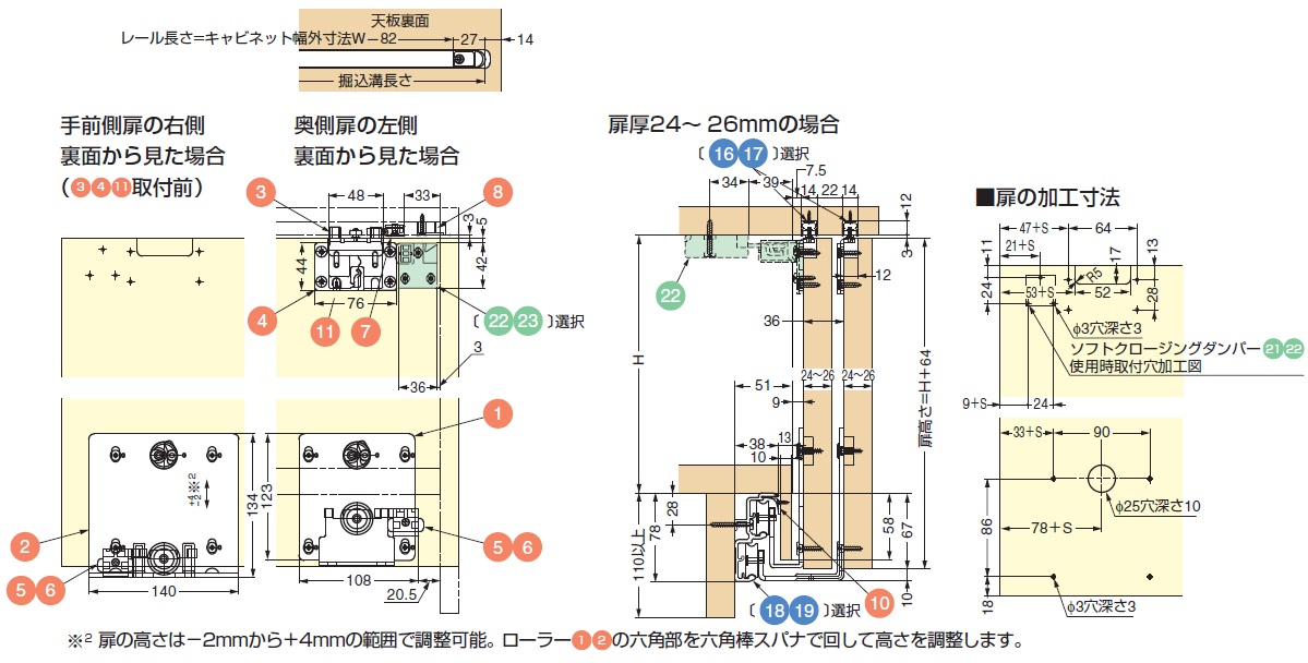 扉の加工寸法,奥側扉の左側裏面から見た場合