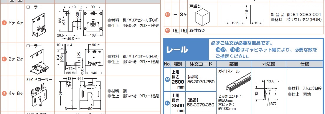 レール,ローラー,戸当り