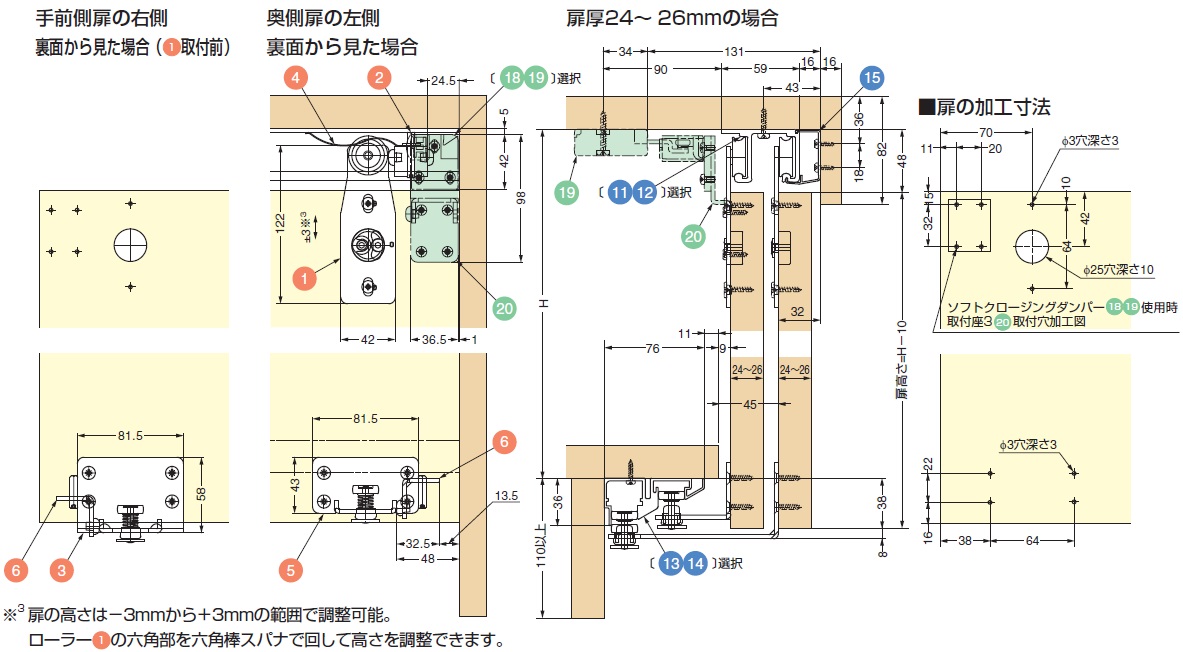 扉の加工寸法,奥側扉の左側裏面から見た場合