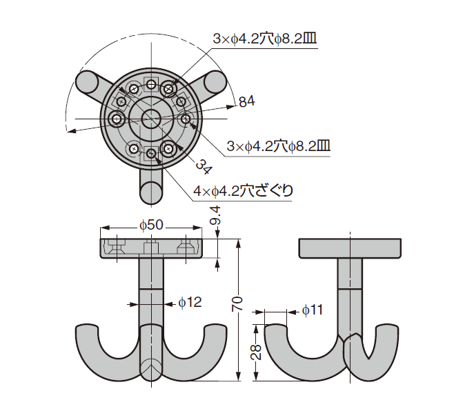 詳細図,コートフック,トリプルフック,477-90-050型