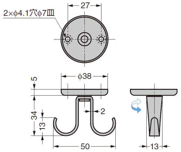 ステンレス鋼製ロータリーフック RF-50S詳細図,フック,金具