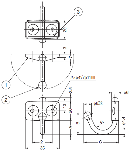フック取り付け加工図,吊金具,フック金具