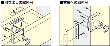 引き出しへの取付例,右扉への取付例,右扉取付仕様は受注対応品です。