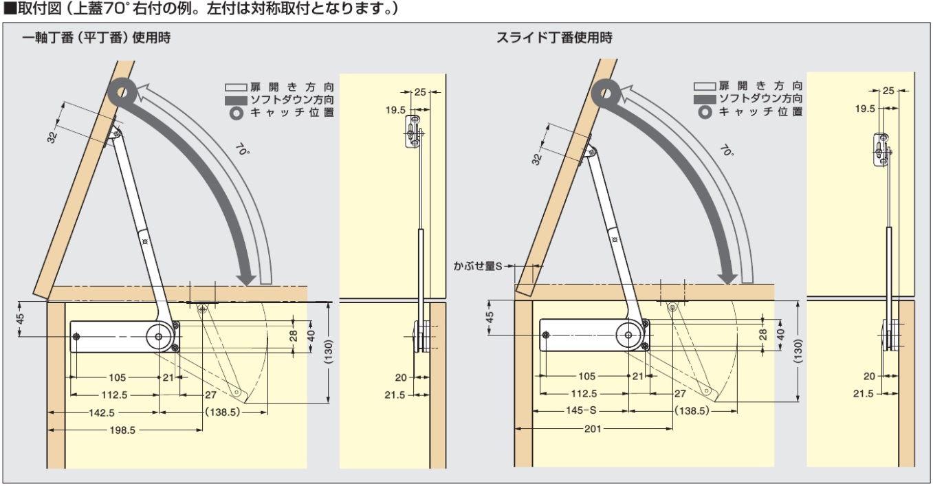 ステー取付図,一軸丁番使用時,スライド丁番使用時