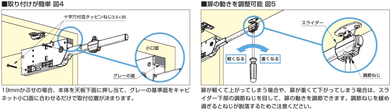 取付けが簡単,扉の動きを調整可能