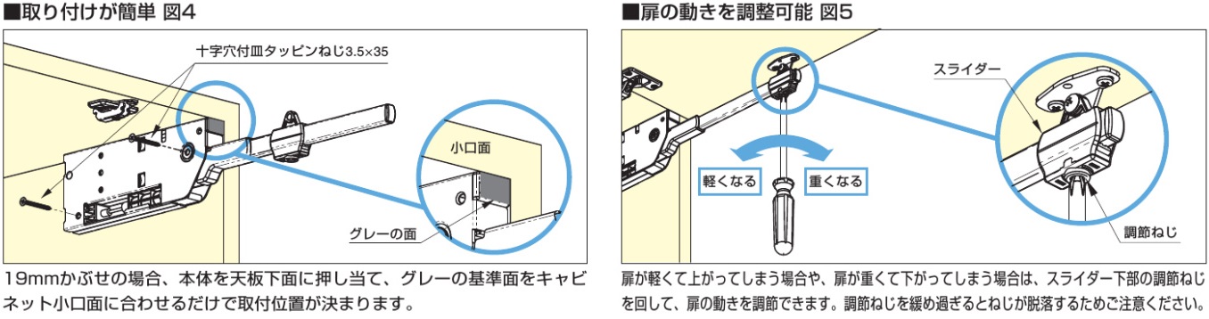 取付が簡単,扉の動きを調整可能