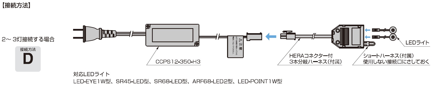 LED用直流電源装置接続方法,2〜 3灯接続する場合