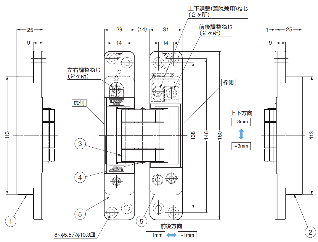 隠し丁番説明図,丁番説明図