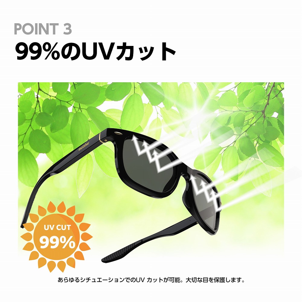 特徴ポイント3,99％のUVカット,あらゆるシチュエーションでのUVカットが可能。大切な目を保護します。